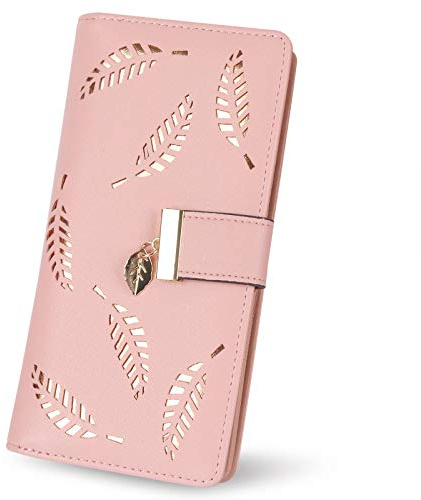 Damen b枚rse Hohl Blatt Muster Bifold Leder Lady Lange b枚rse Geldb枚rse Rei脽verschluss Geburtstag Weihnachten Geschenke f眉r Frauen M盲dchen (Rosa)