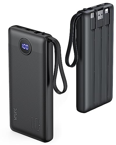 VRURC 10000mAh Power Bank With Built in Cables,USB C Battery Pack Portable Charger with 5 Outputs 2 Inputs Powerbank LED Display compatible with iPhone 14 13 12 Samsung S21 S20 Xiaomi