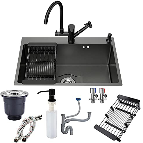 HGTRH Fregadero De Cocina Barato, Lavabo Cocina INOX, Fregadero Empotrado Negro Un Seno Resistente a Las Manchas Y Fácil De Limpiar, con Sistema De Drenaje Sifón, para Cocina Barra