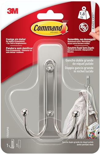 Command Gancho Doble Grande, Níquel Pulido - 1 Gancho, 1 Tira Adhesiva - Colgador de Bolsos, Ropa y Otros Accesorios para Pared o Puerta - Sin Agujeros - Soporta hasta 1,8 kg