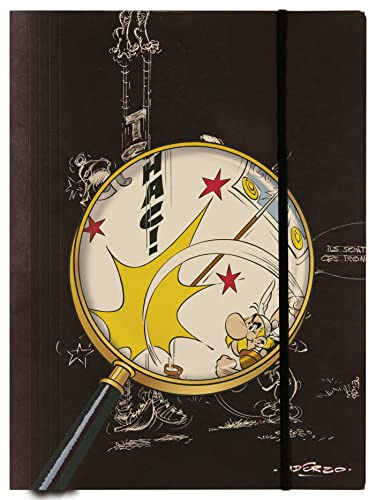 Clairefontaine 813034C - Carpeta de cartón elástico con motivo de 3 solapas Lápices bajo la lupa de Asterix A4, 1 imagen sobre fondo negro / 1 imagen sobre fondo blanco, envío aleatorio