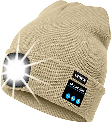 ATNKE LED beleuchtete Bluetooth Beanie Kappe, wiederaufladbare USB-Musikalische Laufmütze mit extrem hellem 4 LED Licht wasserdichte Lampe für das Skifahren