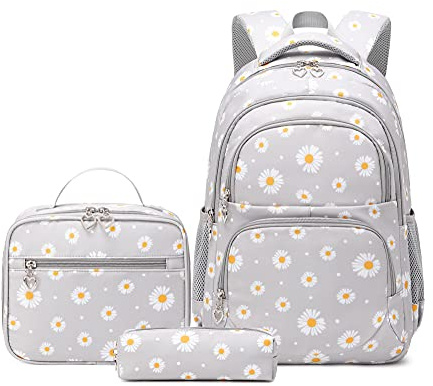 Daisy-Flower Print School Bag Backpack and Lunch Bag Set for Teens Girls Boys Bansusu Bookbag Travel Rucksack