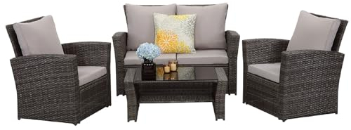 MeXo Balkonmöbel Set 4 Personen Kleiner Balkon, wetterfest pflegeleicht, Belastbarkeit pro Sitzplatz bis zur 140kg, Lounge Rattan Outdoor Grau