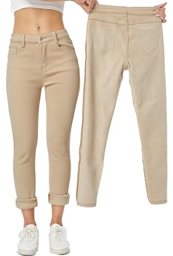 Yehopere Damen Winter Fleece Gefüttert Jeans Slim Fit Warm Skinny Hohe Taille Denim Jeans, Dunkles Khaki, einfarbig, Groß