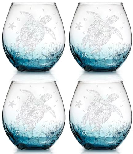 Sea Turtle Weingläser ohne Stiel – Schildkröte Weingläser Set von 4 Stück, Craquelé-Design, Weihnachten, 540 ml (weiß)