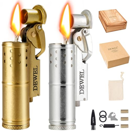 2 Pack Cool Vintage Copper&Brass Wheel Lighter, Pressure-Relief Reusable Windproof Trench, Unique Birthday Gifts for Father & Friend & Family(one Box)