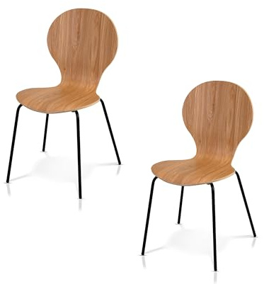 KHG 2er-Set Stapelstühle Esszimmerstuhl Schichtholz, für Esszimmer | mit Eiche-Dekor, Sitzhöhe 45 cm, Stuhlbeine aus Metall, stapelbar auch für Gastronomie geeignet, komfortabel im Alltag