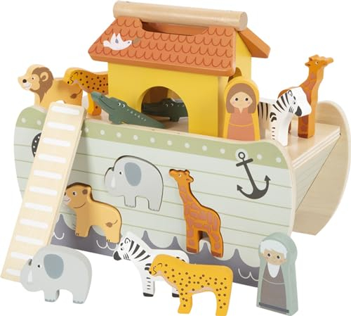 small foot Steckspiel Arche Noah „Safari“, Motorikspielzeug aus Holz mit 15 Tierfiguren, Taufgeschenke für Mädchen und Jungen, für Kinder ab 12 Monaten, 12456