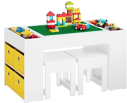 SoBuy Kindertisch mit 2 Stühlen Kinder Tisch Stuhl Set Kindersitzgruppe mit Stauraum Spieltisch und Aktivitätstisch für Kinderzimmer Weiß 87x50x50cm KMB75-W