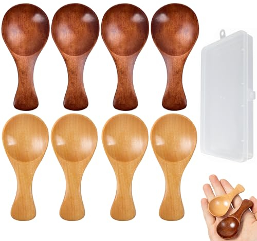 ZFKXGS 8 Stück Honiglöffel Holz Set 8x3.5cm Mini Eisportionierer Holz Kaffeelöffel Kleine Jamlöffel Rührlöffel Set Dessertlöffel Marmelade Löffel Holzlöffel für Gewürze Eis Kaffee Tee Zucker (mit Box)