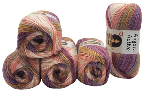 5 x 100 g Ilkadim Export Angora Active Strickwolle mehrfarbig mit Farbverlauf, 500 Gramm Strickgarn mit 20% Wolle, Farbverlaufswolle (beere lila weiss ua 860)