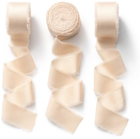 CHUQING Satinband Geschenkband Breit Schleifenband Hochzeit für Geschenke Champagner | Satinband, 25 mm, 3 Rollen à 7 Yards: ausgefranste Kanten für Geschenke, Gastgeschenke, Blumensträuße und Tischdekorationen