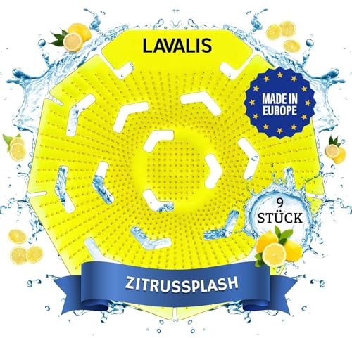 Lavalis Lot de 9 passoires à urinoir parfumées aux agrumes, protection anti-éclaboussures pour toilettes pour homme, tapis d'insertion pour chaque pissoir, effet fraîcheur 30 jours, rond, jaune