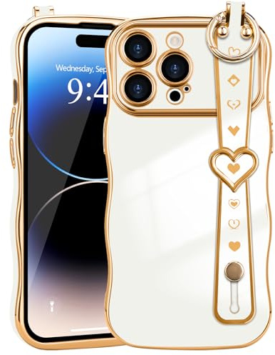 LLZ.COQUE for iPhone 14 Pro Max Case Love-Heart Wrist Strap Wave Frame