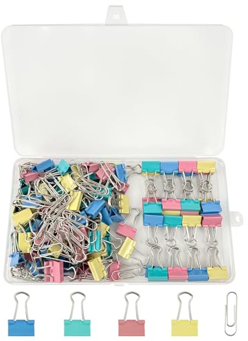 120Pcs Assorted Colours Binder Clips, 15mm Mini Foldback Bulldog Clips, Coloured Metal Paper Stationary Clamps, Mixed Binder Clamps with Box 50 Paperclips, Document Grip Clips for Office School Home