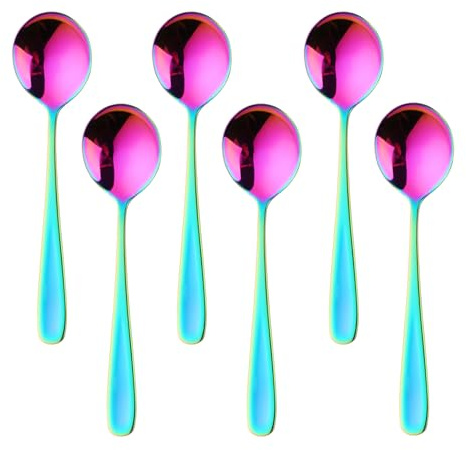 Suppenlöffel-Set, Buyer Star 304 Edelstahl, Tafellöffel, 17 cm, runde Dessertlöffel, Esslöffel für Müsli, Brei, Joghurt, spülmaschinenfest (6, Regenbogen)
