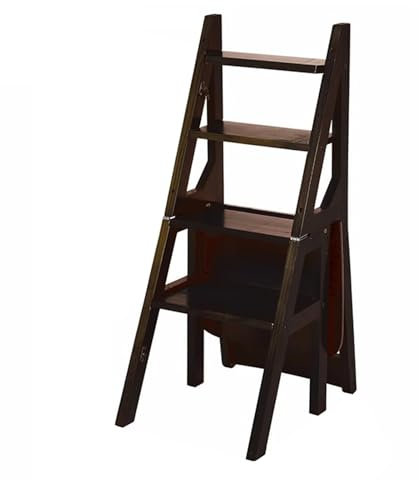 4-Tier Solid Wood Folding Ladder Chair - Protable 4-Step Library Ladder,Foot Stools Ladder Flower Shelf Portable Wooden Stepladder for Office/Home/Kitchen/Library,Black-37 * 47 * 90cm