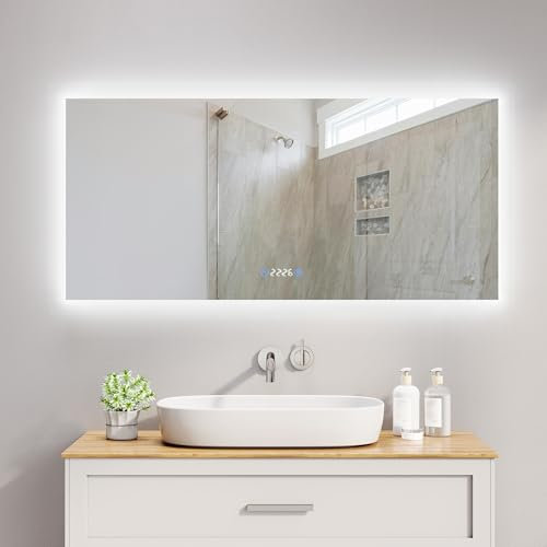 LOMIKEN Miroir de salle de bain avec éclairage, 120 x 60 x 3,5 cm, avec horloge, 4 mm sans cuivre, miroir avec éclairage 3 couleurs à intensité variable, miroir de salle de bain LED, affichage de