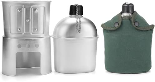 LinaLife Set da 4 pezzi di pentole in alluminio da mensa militare da 1 Qt militare mensa tazza da campeggio stufa a legna set spork campeggio all'aperto bottiglia di acqua ciotola per campeggio