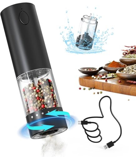 CIRCLE JOY Molinillo de Pimienta Recargable Molinillo de Especias Eléctrico con Recipiente Transparente de 95ml, Luz LED Blanca y Rugosidad Externa Ajustable, Negro