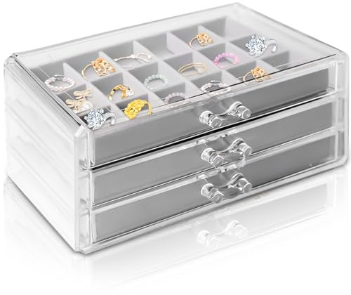 VEGOATY Acryl Schmuck Organizer，Schmuckschatulle Acryl Schmuckkästchen mit 3 Schubladen, Ohrring Aufbewahrung Schmuckaufbewahrung Schmuckbox aus Samt für ohrringe Ring Jewellery Organizer