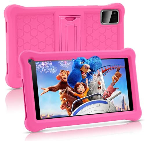 Tablette Enfants 7 Pouces Android 13 Tablette avec 8Go RAM 64Go ROM(TF 128Go), Applications Pré-Installé, Contrôle Parental, Bluetooth, WiFi, Tablette Tactile Éducative avec Kid-Proof Étui-Rose