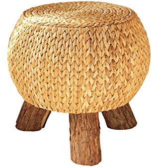 Fußhocker, runder Fußhocker, Schuhwechselhocker, Holzbeine, gepolsterte Fußstütze, Rattan-Ankleide- und Schminkhocker, Flur, Wohnzimmer, Korb-Pouf
