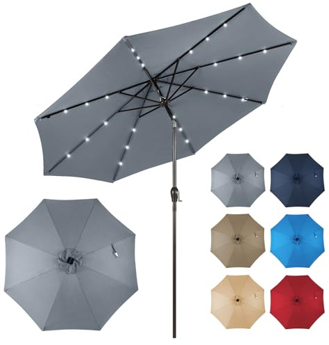 COSTWAY Parasol de Jardin Extérieur Ø 300 CM, Parasol Inclinable Lumineux Solaire avec 24 LED, Manivelle et 8 Baleines Métalliques Robustes, pour Balcon Jardin Terrasse(Gris)