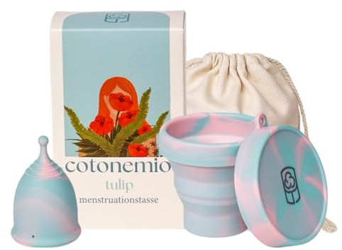 Cotonemio Tulip - L Coppetta Mestruale in 100% Silicone Medico con Sterilizzatore e Sacchetto in Cotone | Kit Coppetta Riutilizzabile, Senza BPA, Fino a 12 Ore di Protezione