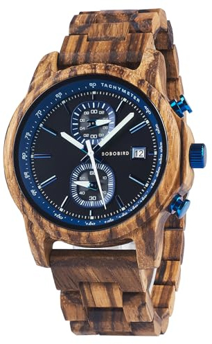BOBO BIRD Wooden Watch for Men Women Ultra-Light 50g Luminous Hands Chronograph Date Casual Business Gift (Blue)