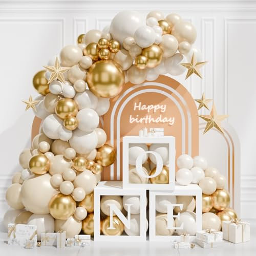 Boîtes à ballons pour décorations de baby shower,3 boîtes transparentes contenant des ballons Gold Beige Et ONE Lettre,Balloons,pour Fête Filles Garçons Anniversaire Decoration Mariage Bébé Douche