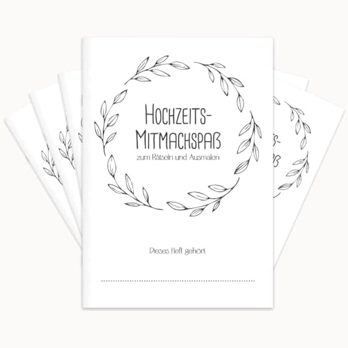 PuK Hochzeits-Mitmachspaß | Kinder-Beschäftigung Hochzeit Set | Malbuch & Rätselbuch für kleine Gäste | 6 oder 12 Hefte | Optional mit Buntstiften | Gastgeschenk Hochzeit Kinder (12, ohne Buntstifte)