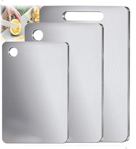 100% Pure Titanium Cutting Board Set of 3, Food-Grade Titanium Cutting Boards for Kitchen Dishwasher Safe, Double-Sided Metal Charcuterie Chopping Board Mat for Meat, Cheese & Fruit (M+L+XL)