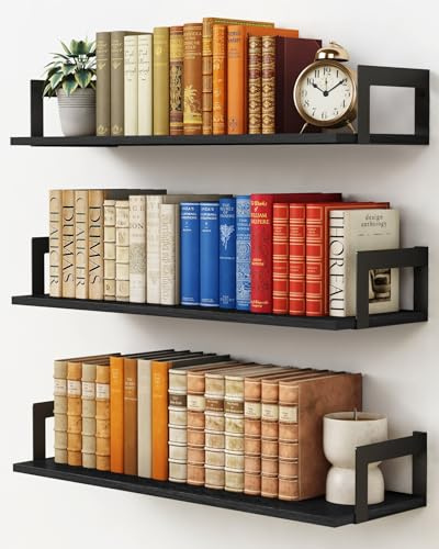 Black Wall Shelves for Bedroom 24 Inch Long, 8 In Deep Floating Shelves | Large Wood Wall Mounted Bookshelf for Office, Hanging Book Shelf for Living Room Books Plants Kitchen Closet Storage Set of 3