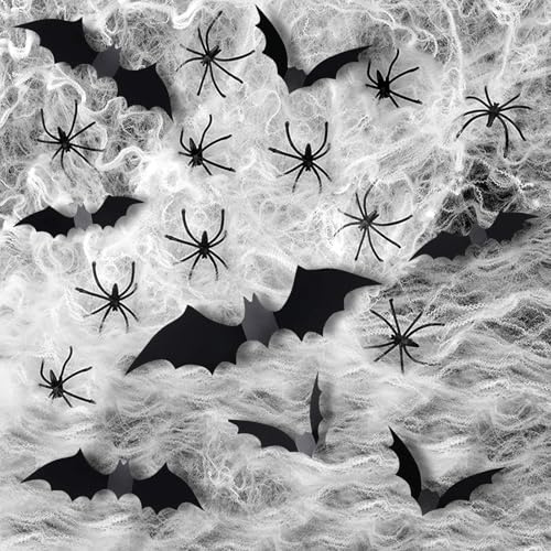 Spinnennetz Deko Set Halloween Dekoration 120g Spiderweb 32 Kunststoffspinnen 12 Papier Fledermäuse