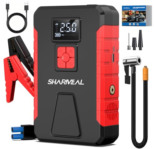 SHARMEAL 10000A Starthilfe-Power-Pack mit 150 PSI Luftkompressor, 12 V tragbarer Autobatterie-Booster (9.0l Gas/7.0 l Diesel), Auto-Starter-Powerbank mit Starthilfekabel, LCD-Bildschirm, Notlicht