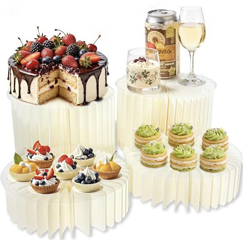 Tel Charme * Lot de 4 présentoirs à gâteaux pliables en carton avec 4 assiettes rondes en PVC – 10 cm et 20 cm de hauteur pour table à dessert, buffet, cupcakes, mariage, fête d'anniversaire
