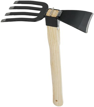 FTVOGUE Garden Hoe Rake Set, Forged High Carbon Steel Dual Purpose Weeding Digging Tool for Garden Yard Solid Wood Handle Type C 38cm Lightweight Durable 1 Pack