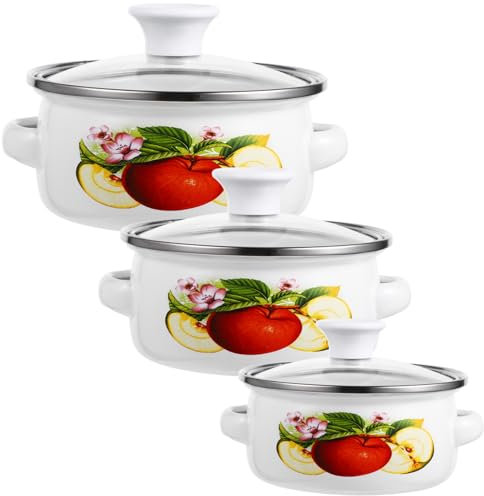 Garneck 3Pcs Vintage Enamel Cooking Pot Stackable Mini Soup Pots with Double Handles Flat Bottom Design for Induction Electric Stoves for Soup Noodles More