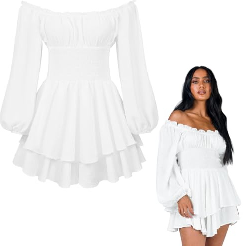 Montrestar Abito Balze Gonfie, Taglia L Chiffon Abito con Spalle Scoperte E Pantaloncini Integrati, Gonna Balze con Maniche Sbuffo Lunghe, Costume Pirata Donna, Vestito Estivo Senza Spalline