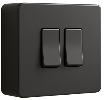 SHPELEC® Matt Black Screwless 2 Gang 10A 2 Way Light Switch with 25mm Surface Pattress Box – Modern Flat Plate, Slim Design, Easy Fit – UK Standard