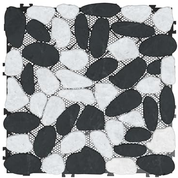 PEILU 30 x 30 cm, in pietra di ciottolo, per esterni, set da 11 piastrelle in pietra, con sistema a clic e griglia di drenaggio, per interni ed esterni (bianco e nero)