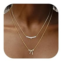 Dochais 2Pcs Schleife Herz Halskette Damen Gold Kette Damen 14 Karat Vergoldet Goldketten Herz Anhänger Kette Verstellbar Gold Nacklace Stapelbare Doppel Layering Halskette Schmuck Frauen Mädchen B