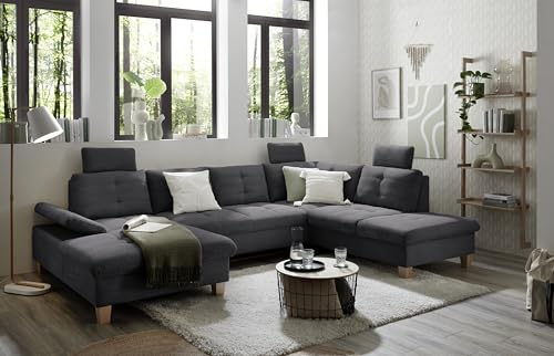 Wohnlandschaft Ascot mit Cord-Bezug und Schlaffunktion in Anthrazit, U-Form inkl. Kopfstützen, Bettkasten und Verstellbarer Armlehne - 324 x 107 x 218 cm (B/H/T)