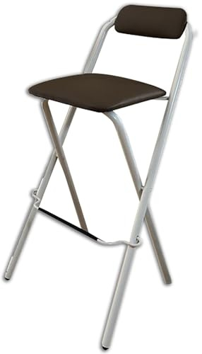 Sgabello pieghevole portatile con schienale, sgabello alto da bar per cucina e negozio, leggero e compatto, 65 cm, colore bianco e marrone
