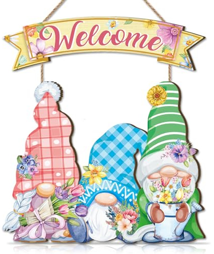 CHDITB Türkranz Frühling Deko,Frühlings Willkommensschild für Haustür,Gnomen Garten Dekoration,Bunte Blumen Gnomen Türdeko,Vintage Blumen Wilkommensdeko für Haustür Vordertür Veranda Garten Tor