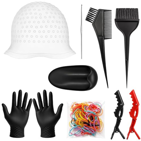 Professional 9 Pcs Highlighting Kit with Durable Highlighting Cap, Hair Dye Brush, Hook Hair Dye Comb, Gloves and Hair Tools Accessories for Effortless DIY & Salon Hair Colouring ﻿ ﻿