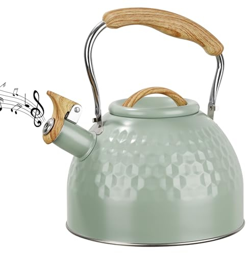 Stainless Steel Whistling Tea Kettle 3 L Tea Kettle Stovetop Teapot Hot Water Kettle w Whistle Spout, Fast Boiling Electric Kettle Stove Top Food Grade Coffee Milk Kettle Pot Folding Handle -Green