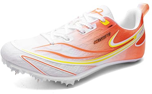 Hiuzylqx Hombre Zapatos con 7 Clavos para Atletismo, Zapatillas De Portivas Pista Y Campo Transpirables, Antideslizantes para Correr, Sprint Sprint Running,White Orange,38 EU